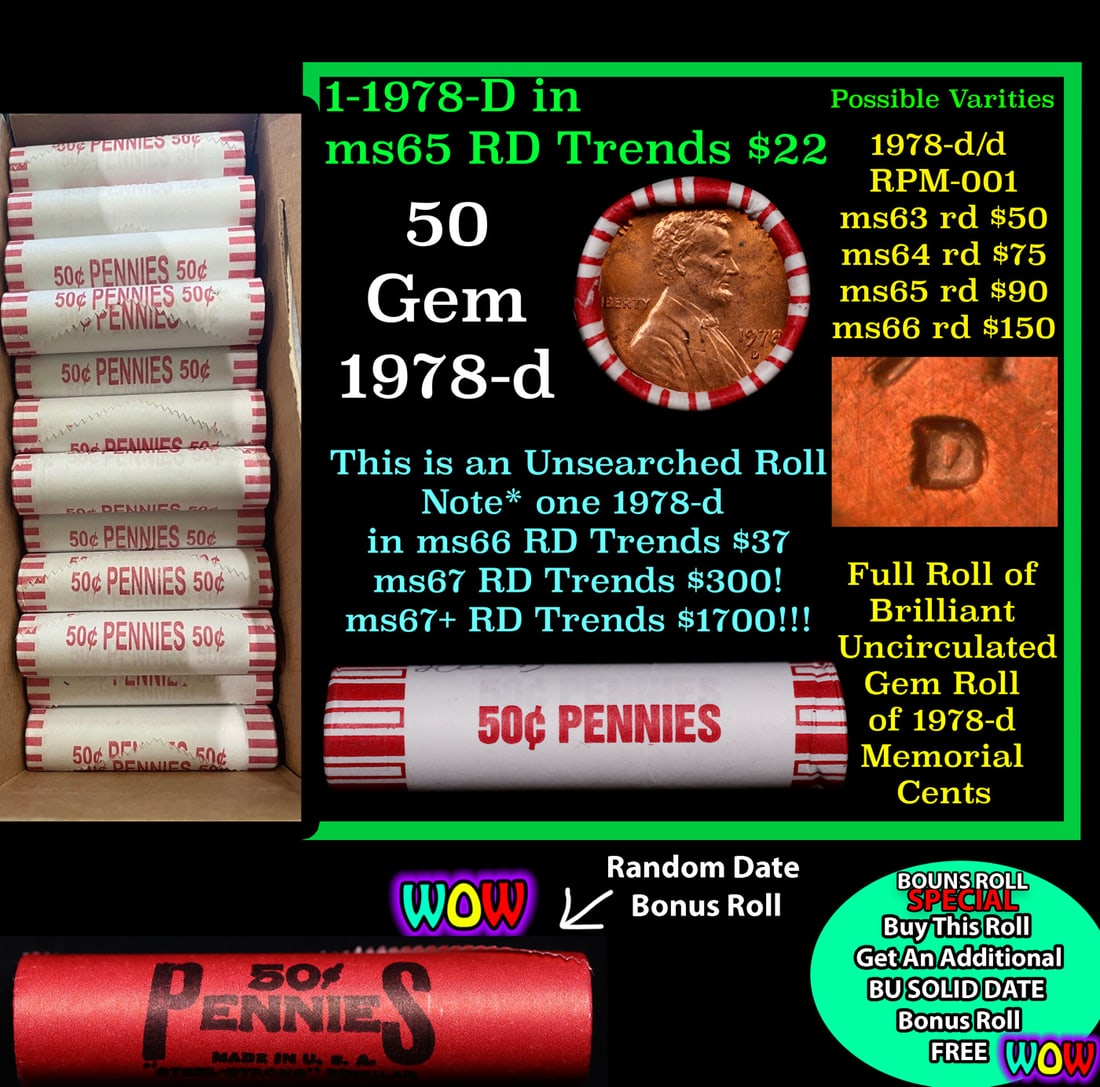THIS AUCTION ONLY! BU Shotgun Lincoln 1c roll, 1978-d 50 pcs Plus one bonus random date BU roll!: THIS AUCTION ONLY! BU Shotgun Lincoln 1c roll, 1978-d 50 pcs Plus one bonus random date BU roll! Bank Wrapper 50c. A terrific Shotgun roll of Lincoln cents in a Bank wrapper. Most if not all coins sho