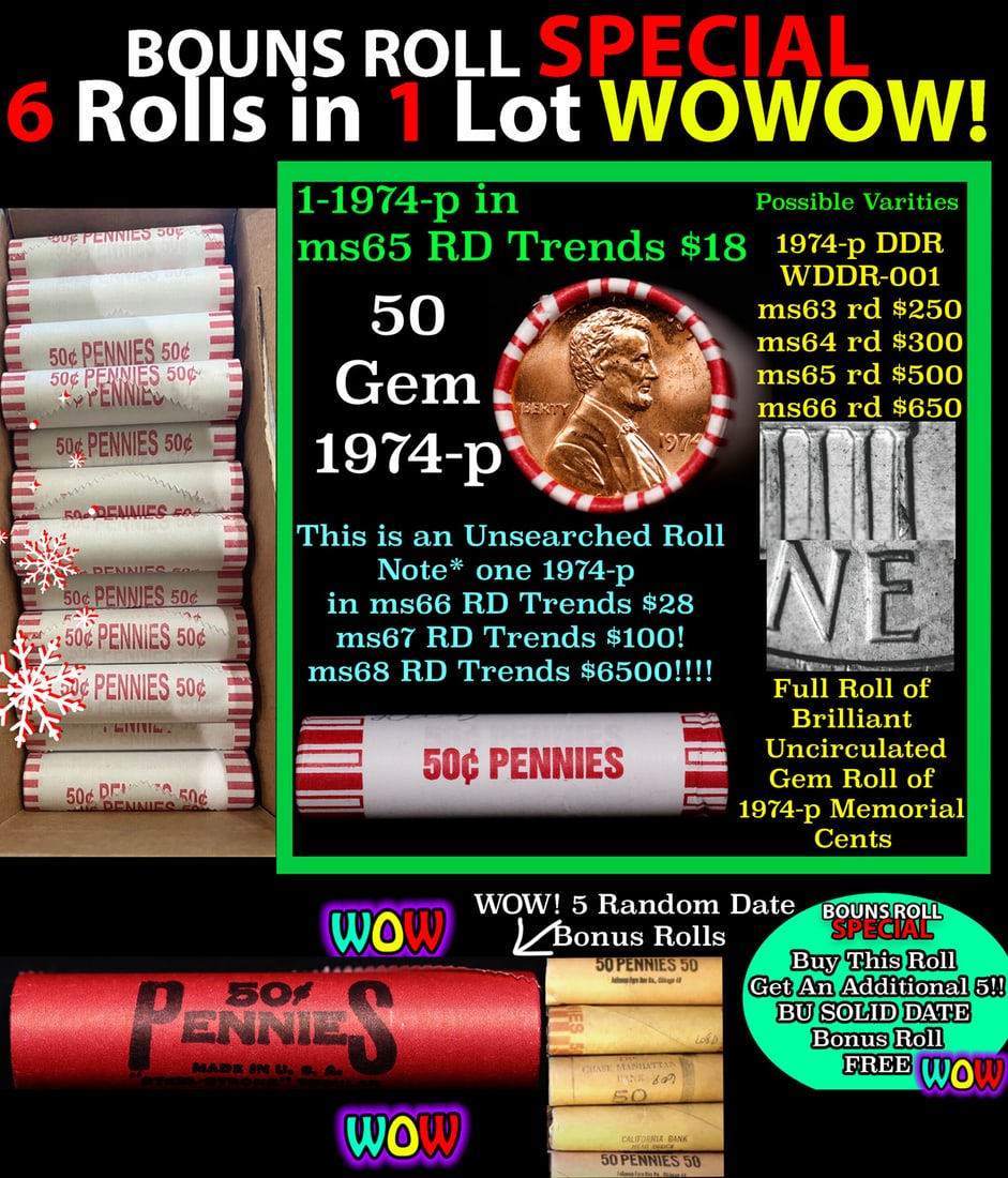 THIS AUCTION ONLY! BU Shotgun Lincoln 1c roll, 1974-p 50 pcs Plus FIVE bonus random date BU roll!: THIS AUCTION ONLY! BU Shotgun Lincoln 1c roll, 1974-p 50 pcs Plus FIVE bonus random date BU roll! Bank Wrapper 50c. A terrific Shotgun roll of Lincoln cents in a Bank wrapper. Most if not all coins sh