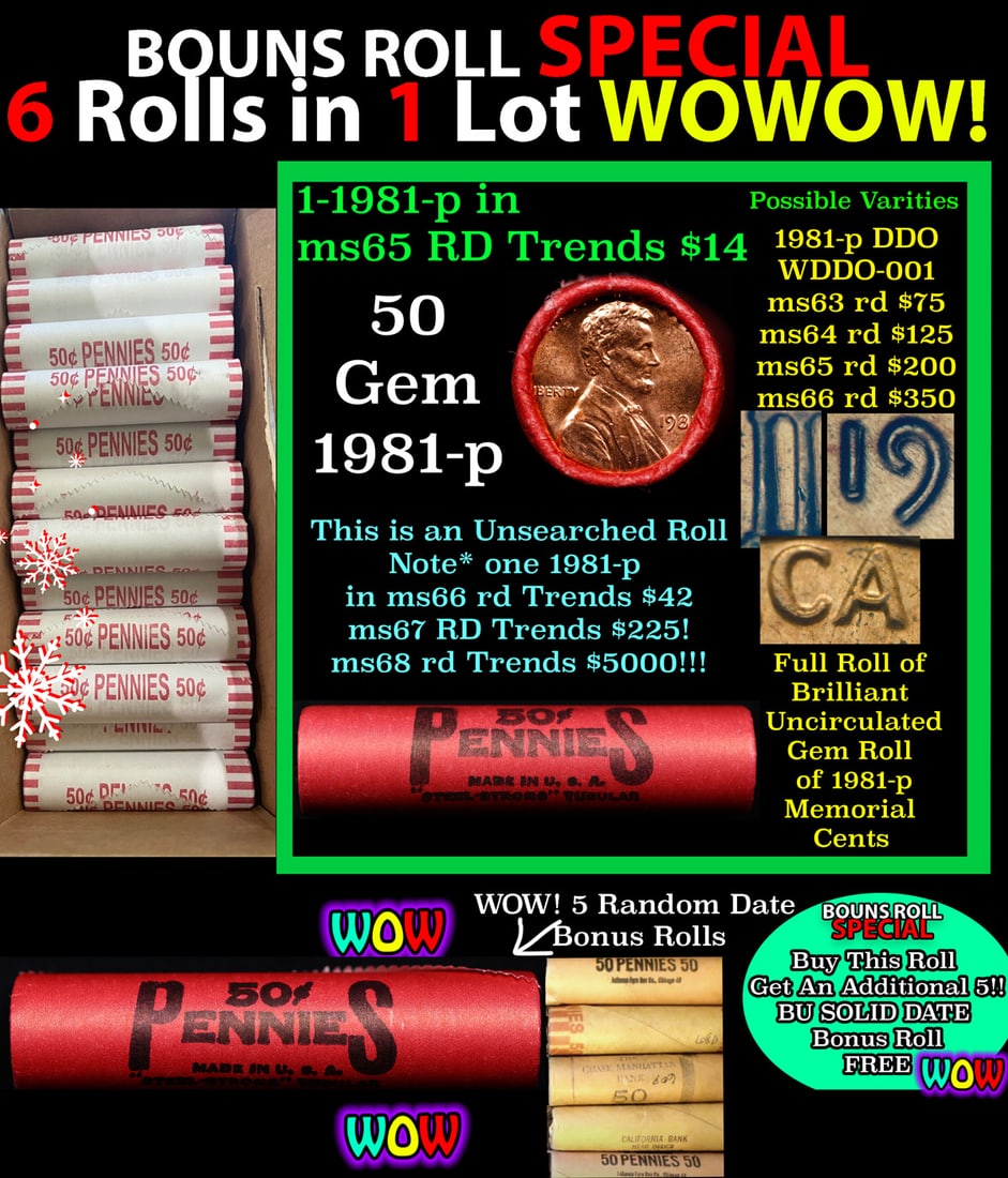 THIS AUCTION ONLY! BU Shotgun Lincoln 1c roll, 1981-p 50 pcs Plus FIVE bonus random date BU roll!: THIS AUCTION ONLY! BU Shotgun Lincoln 1c roll, 1981-p 50 pcs Plus FIVE bonus random date BU roll! Bank Wrapper 50c. A terrific Shotgun roll of Lincoln cents in a Bank wrapper. Most if not all coins sh