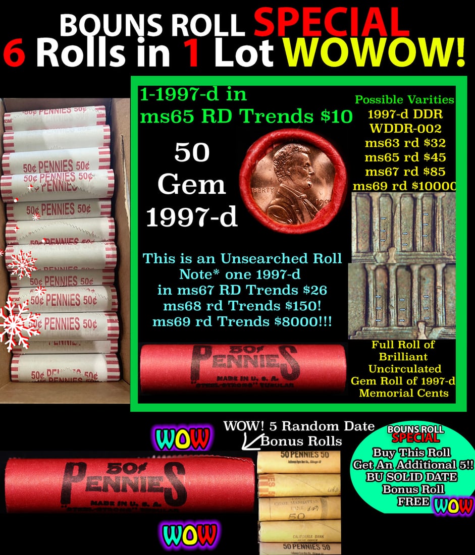 THIS AUCTION ONLY! BU Shotgun Lincoln 1c roll, 1997-d 50 pcs Plus FIVE bonus random date BU roll!: THIS AUCTION ONLY! BU Shotgun Lincoln 1c roll, 1997-d 50 pcs Plus FIVE bonus random date BU roll! Bank Wrapper 50c. A terrific Shotgun roll of Lincoln cents in a Bank wrapper. Most if not all coins sh
