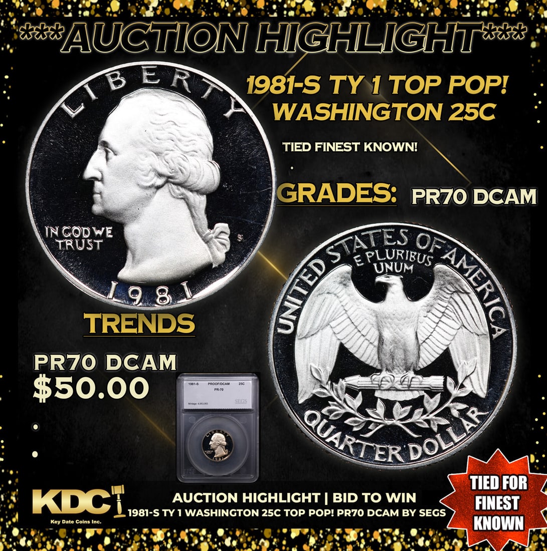 Proof 1981-s Ty 1 Washington Quarter TOP POP! 25c Graded pr70 dcam By SEGS: 1981-s Ty 1 TOP POP! Washington Quarter 25c Graded pr70 dcam By SEGS.