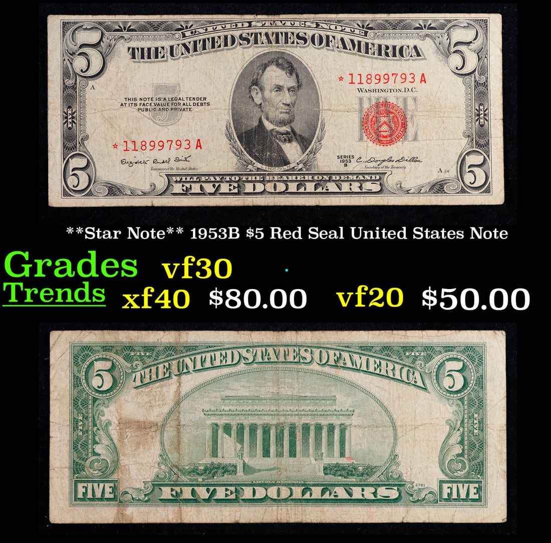 **Star Note** 1953B $5 Red Seal United States Note Grades vf++ (1 of 1)