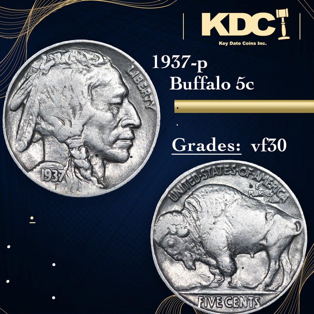 1937-p Buffalo Nickel 5c Grades vf++ (1 of 3)