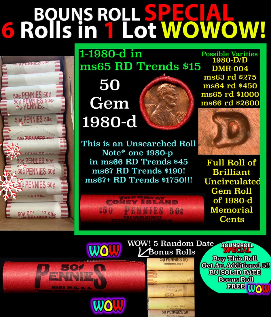 THIS AUCTION ONLY! BU Shotgun Lincoln 1c roll, 1994-d 50 pcs Plus FIVE bonus random date BU roll!: THIS AUCTION ONLY! BU Shotgun Lincoln 1c roll, 1994-d 50 pcs Plus FIVE bonus random date BU roll! Bank Wrapper 50c. A terrific Shotgun roll of Lincoln cents in a Bank wrapper. Most if not all coins sh
