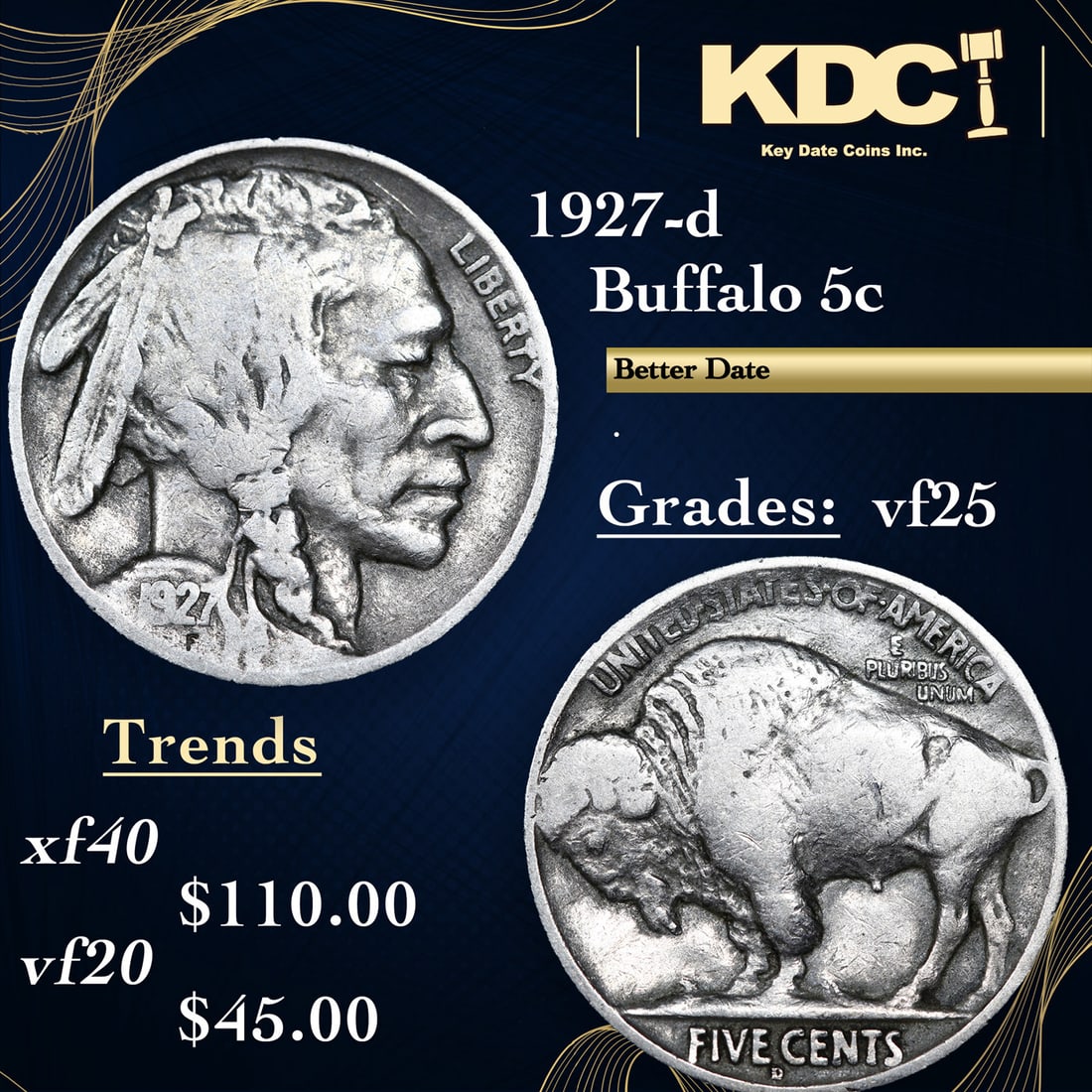 1927-d Buffalo Nickel 5c Grades vf+ (1 of 3)