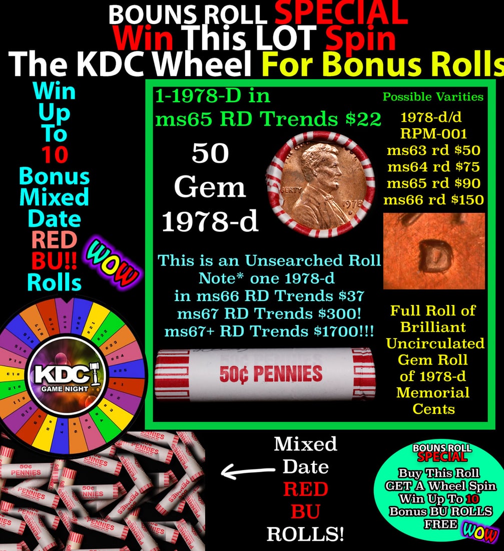 *BOGO* Buy This Great BU Red, 1978-d Shotgun Lincoln 1c Roll & Get 1 BU RED ROLL FREE. WOW!!! *BOGO*: *BOGO* Buy This Great BU Red, 1978-d Shotgun Lincoln 1c Roll & Get 1 BU RED ROLL FREE. WOW!!! *BOGO* Bank Wrapper 50c. A terrific Shotgun roll of Lincoln cents in a Bank wrapper. Most if not all coins