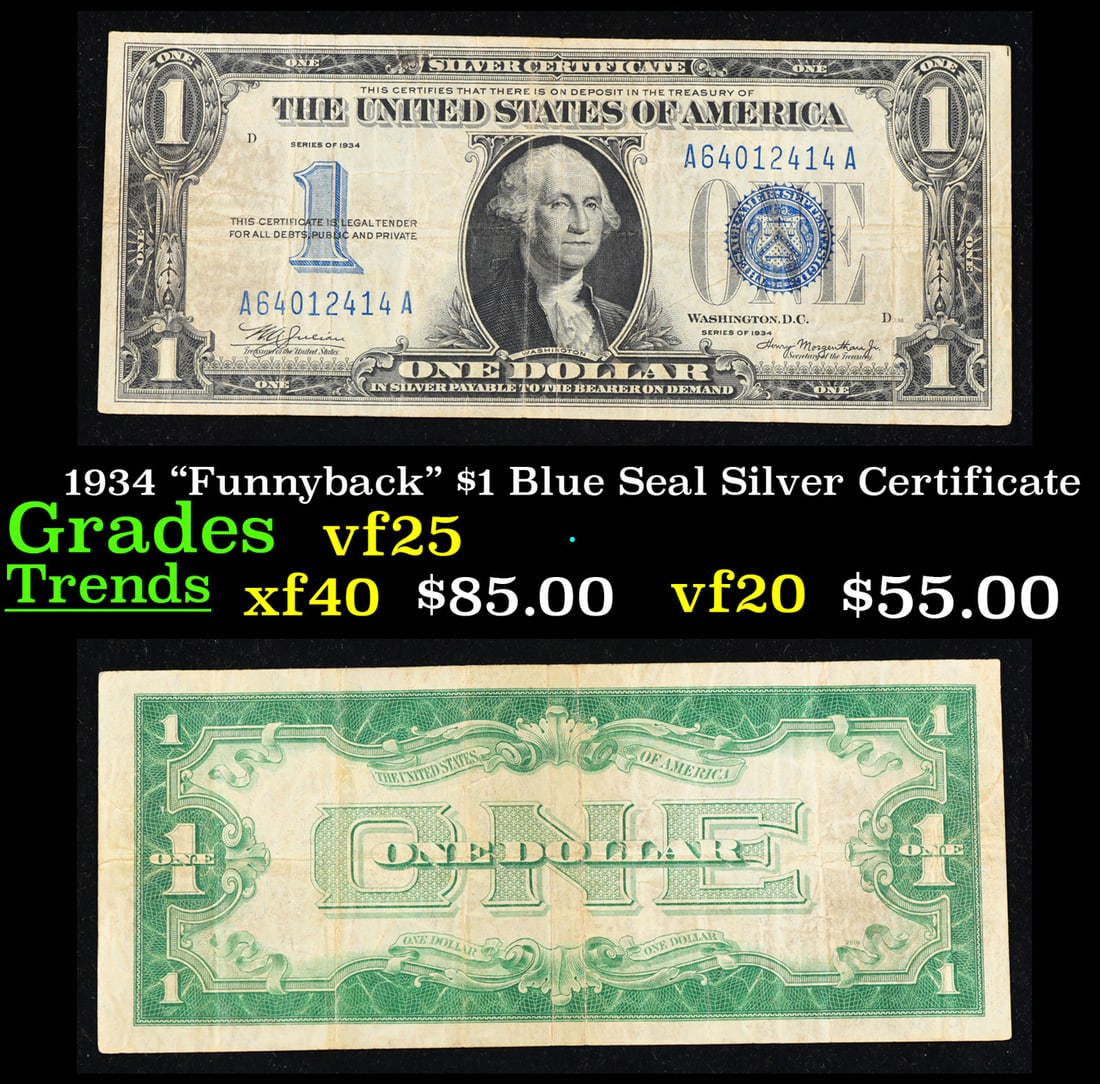 1934 "Funnyback" $1 Blue Seal Silver Certificate Grades vf+ (1 of 3)