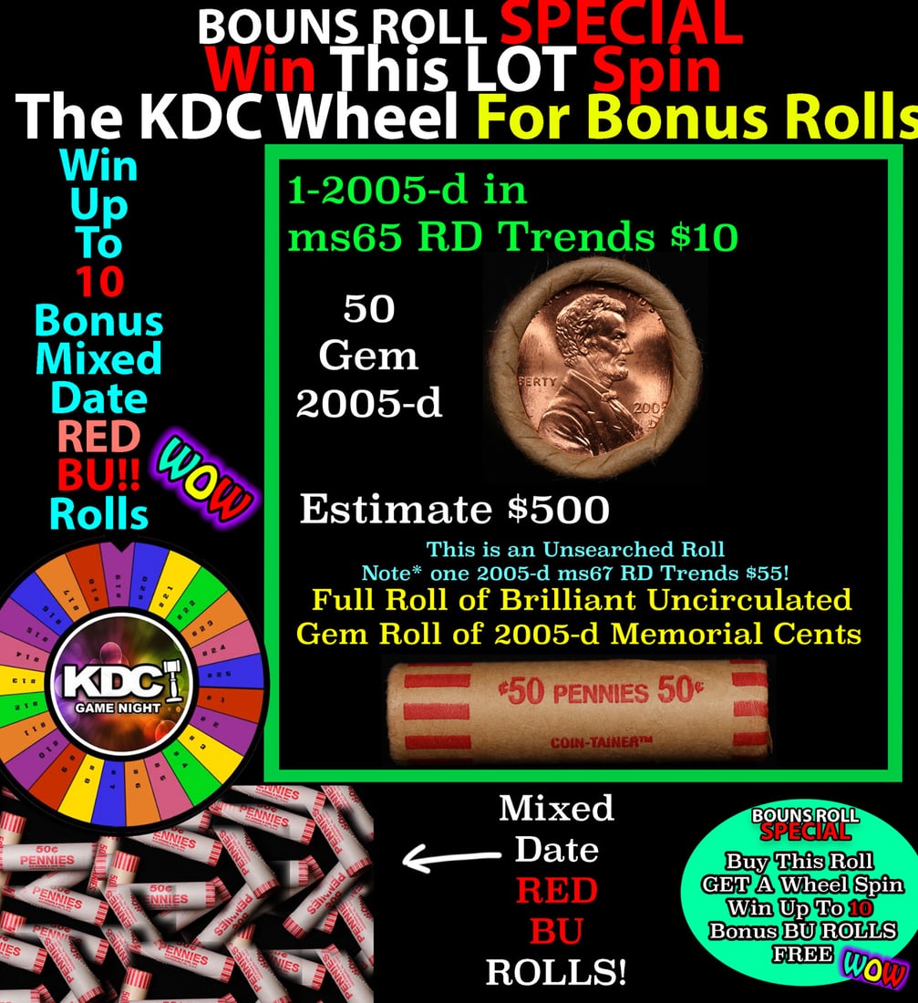 *BOGO* Buy This Great BU Red, 2005-d Shotgun Lincoln 1c Roll & Get 1 BU RED ROLL FREE. WOW!!! *BOGO*: *BOGO* Buy This Great BU Red, 2005-d Shotgun Lincoln 1c Roll & Get 1 BU RED ROLL FREE. WOW!!! *BOGO* Bank Wrapper 50c. A terrific Shotgun roll of Lincoln cents in a Bank wrapper. Most if not all coins
