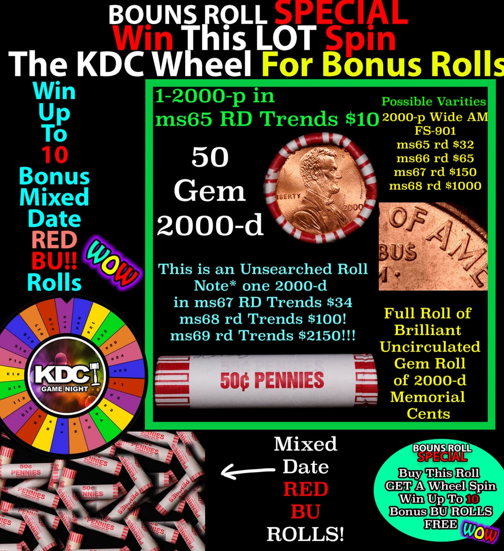 *BOGO* Buy This Great BU Red, 2000-p Shotgun Lincoln 1c Roll & Get 1 BU RED ROLL FREE. WOW!!! *BOGO*: *BOGO* Buy This Great BU Red, 2000-p Shotgun Lincoln 1c Roll & Get 1 BU RED ROLL FREE. WOW!!! *BOGO* Bank Wrapper 50c. A terrific Shotgun roll of Lincoln cents in a Bank wrapper. Most if not all coins