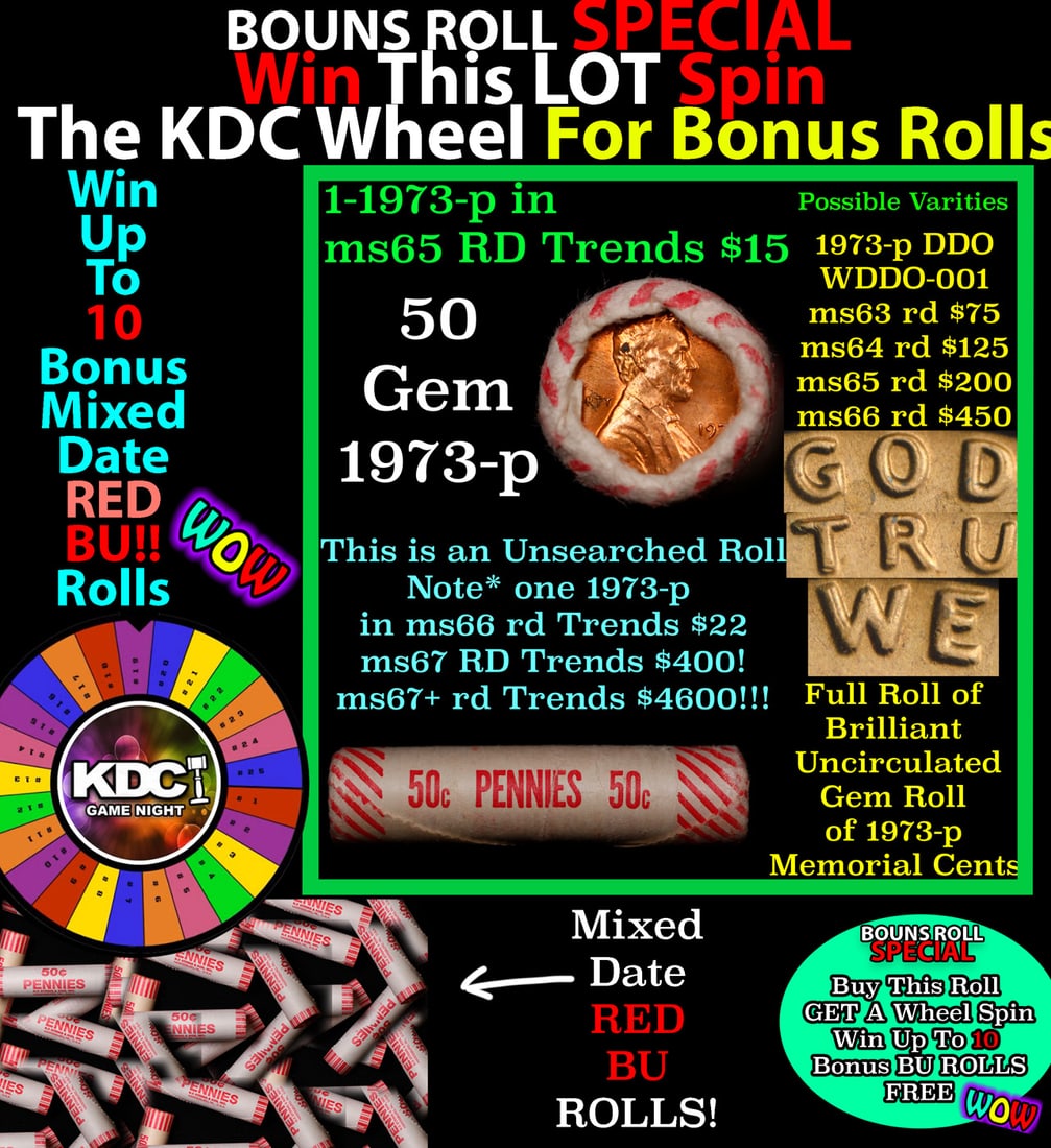 *BOGO* Buy This Great BU Red, 1973-p Shotgun Lincoln 1c Roll & Get 1 BU RED ROLL FREE. WOW!!! *BOGO*: *BOGO* Buy This Great BU Red, 1973-p Shotgun Lincoln 1c Roll & Get 1 BU RED ROLL FREE. WOW!!! *BOGO* Bank Wrapper 50c. A terrific Shotgun roll of Lincoln cents in a Bank wrapper. Most if not all coins