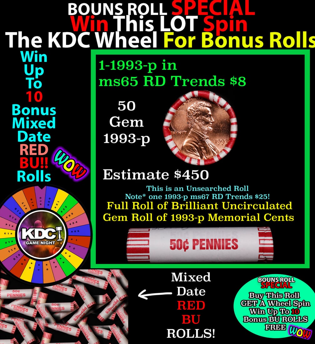 *BOGO* Buy This Great BU Red, 1993-p Shotgun Lincoln 1c Roll & Get 1 BU RED ROLL FREE. WOW!!! *BOGO*: *BOGO* Buy This Great BU Red, 1993-p Shotgun Lincoln 1c Roll & Get 1 BU RED ROLL FREE. WOW!!! *BOGO* Bank Wrapper 50c. A terrific Shotgun roll of Lincoln cents in a Bank wrapper. Most if not all coins