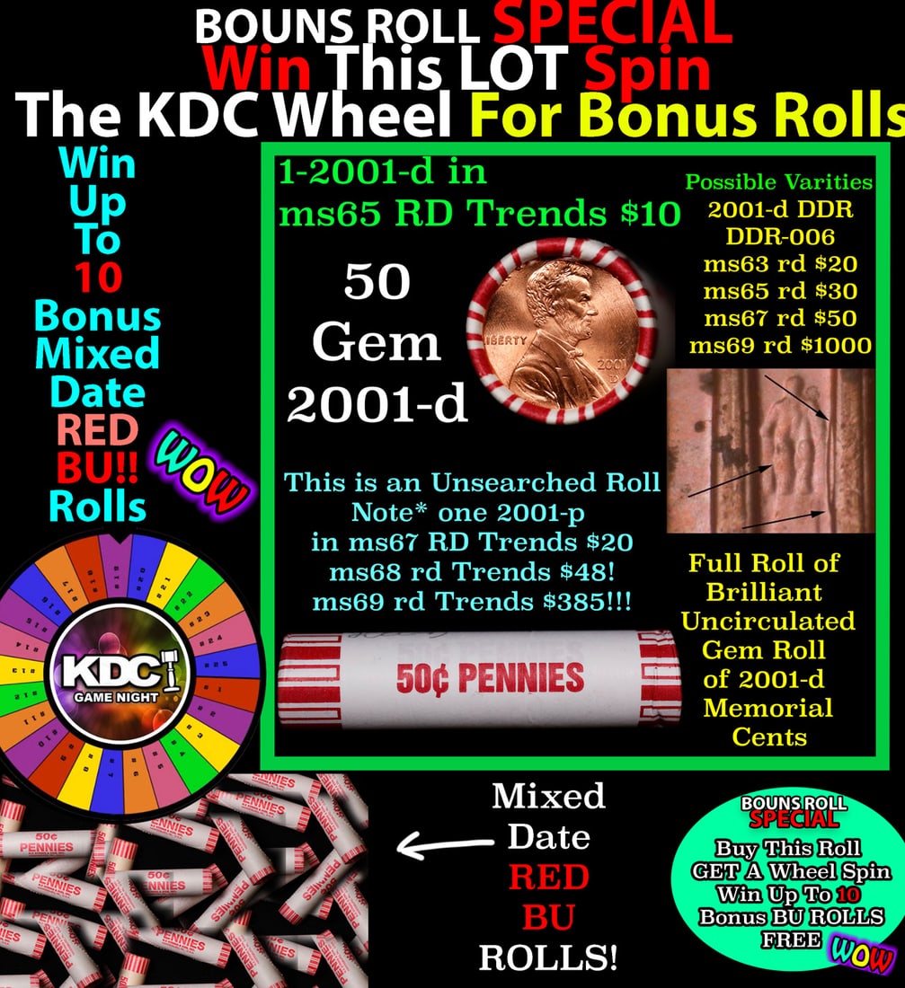 *BOGO* Buy This Great BU Red, 2001-d Shotgun Lincoln 1c Roll & Get 1 BU RED ROLL FREE. WOW!!! *BOGO*: *BOGO* Buy This Great BU Red, 2001-d Shotgun Lincoln 1c Roll & Get 1 BU RED ROLL FREE. WOW!!! *BOGO* Bank Wrapper 50c. A terrific Shotgun roll of Lincoln cents in a Bank wrapper. Most if not all coins