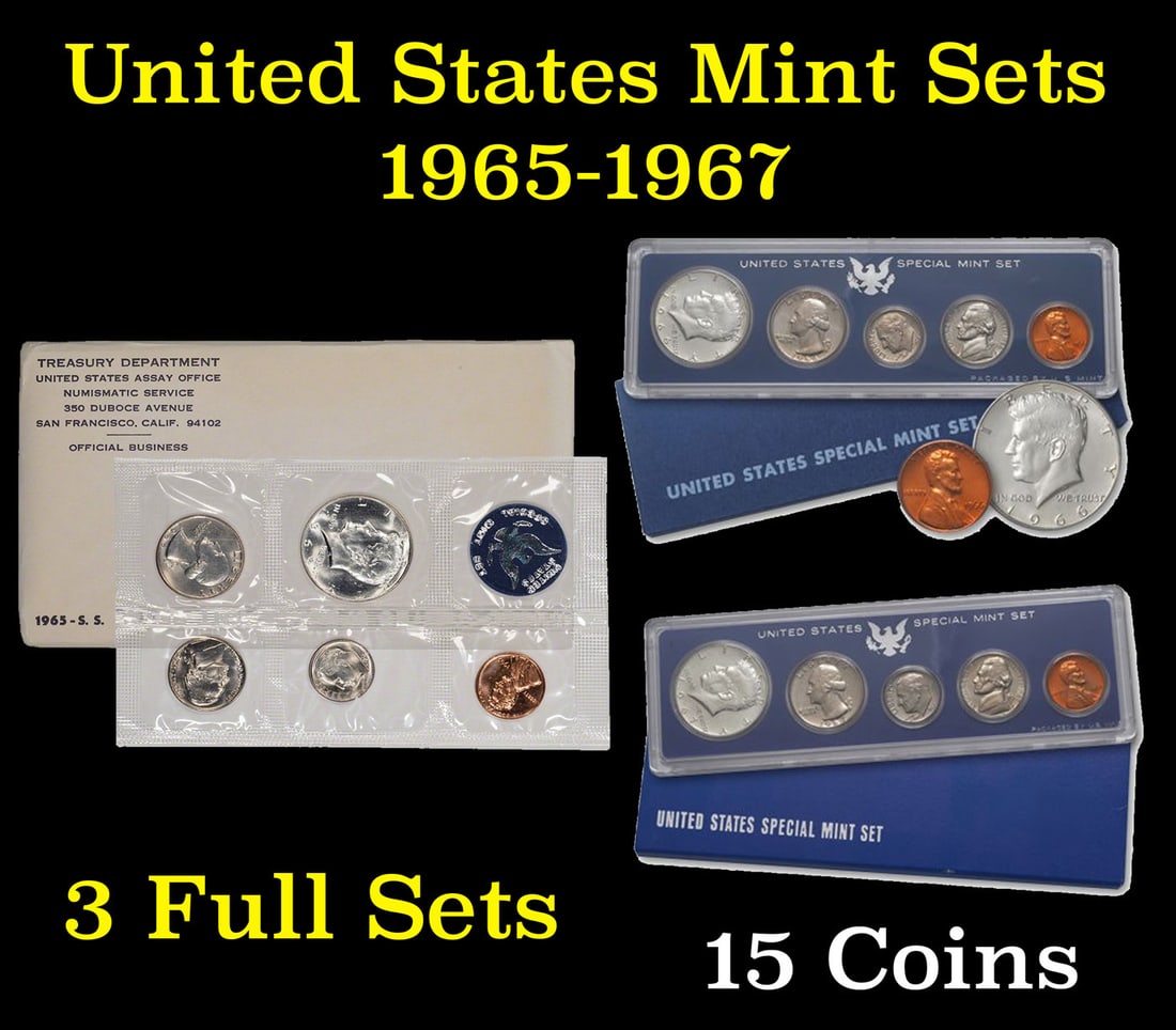 Group of 3 United States Special Mint Set in Original Government Packaging! From 1965-1967 with 15: Group of 3 United States Special Mint Set in Original Government Packaging! From 1965-1967 with 15 Coins Inside!. In response to a nationwide shortage of coinage, the Treasury Department announced tha