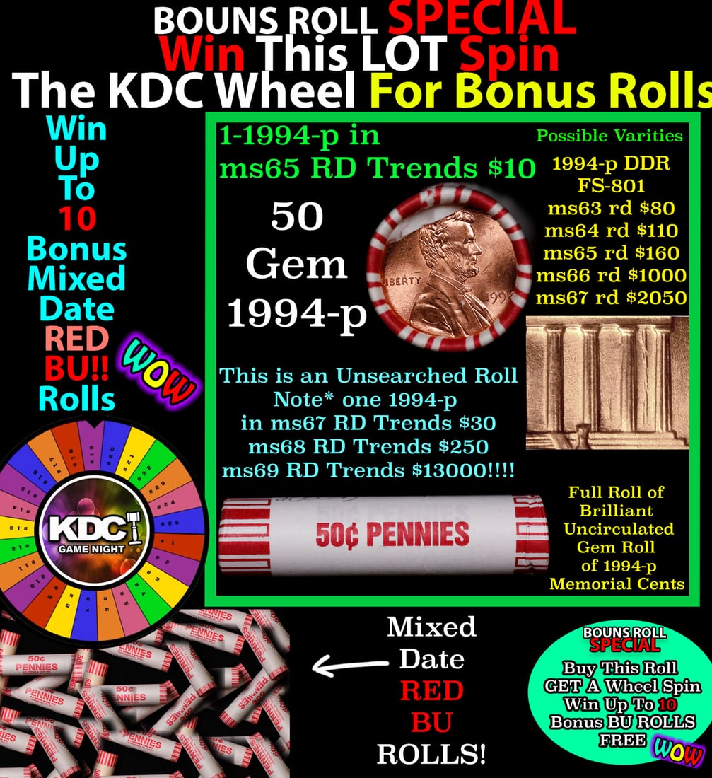 *BOGO* Buy This Great BU Red, 1994-p Shotgun Lincoln 1c Roll & Get 1 BU RED ROLL FREE. WOW!!! *BOGO*: *BOGO* Buy This Great BU Red, 1994-p Shotgun Lincoln 1c Roll & Get 1 BU RED ROLL FREE. WOW!!! *BOGO* Bank Wrapper 50c. A terrific Shotgun roll of Lincoln cents in a Bank wrapper. Most if not all coins