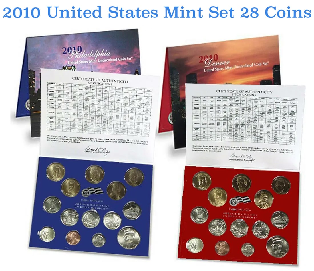 2010 United States Mint Set 28 coins: 2010 United States Mint Set 28 coins. The 2010 US Mint Uncirculated Coin Set contains 28 coins (two folders of 14 coins each). One folder contains coins from the United States Mint at Denver and the o