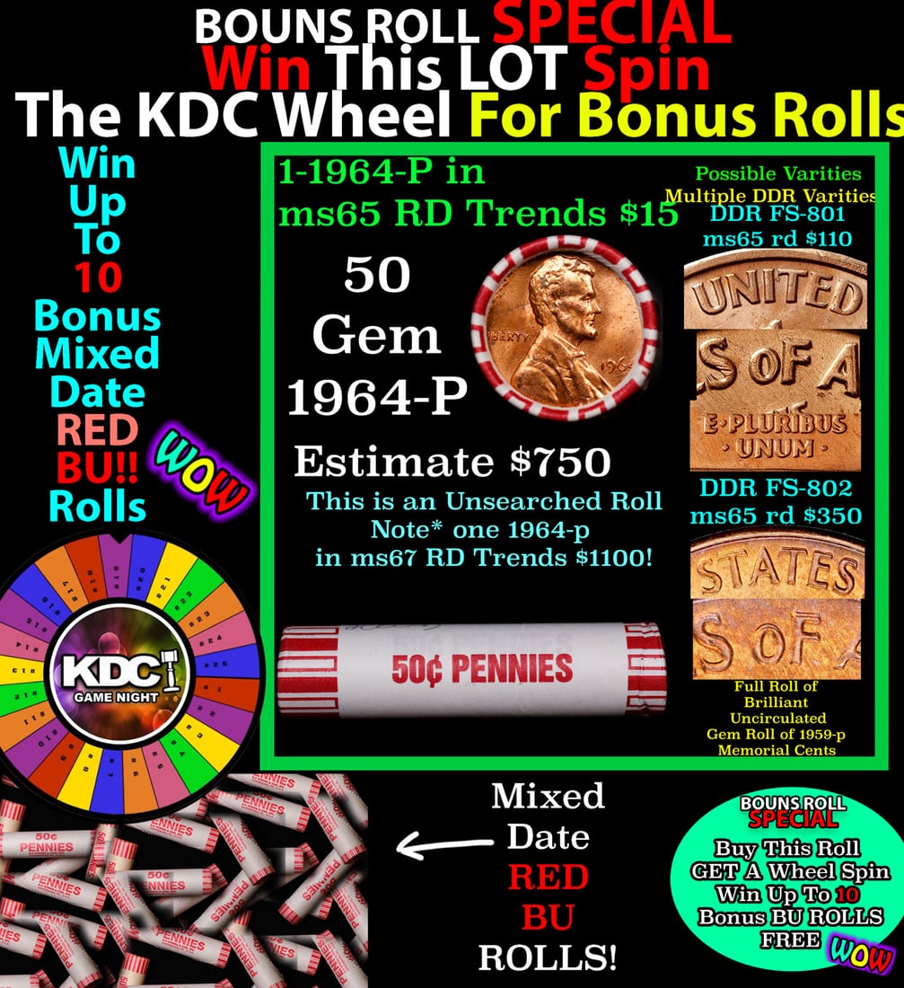 *BOGO* Buy This Great BU Red, 1964-p Shotgun Lincoln 1c Roll & Get 1 BU RED ROLL FREE. WOW!!! *BOGO*: *BOGO* Buy This Great BU Red, 1964-p Shotgun Lincoln 1c Roll & Get 1 BU RED ROLL FREE. WOW!!! *BOGO* Bank Wrapper 50c. A terrific Shotgun roll of Lincoln cents in a Bank wrapper. Most if not all coins