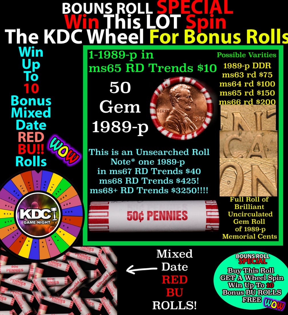 *BOGO* Buy This Great BU Red, 1989-p Shotgun Lincoln 1c Roll & Get 1 BU RED ROLL FREE. WOW!!! *BOGO*: *BOGO* Buy This Great BU Red, 1989-p Shotgun Lincoln 1c Roll & Get 1 BU RED ROLL FREE. WOW!!! *BOGO* Bank Wrapper 50c. A terrific Shotgun roll of Lincoln cents in a Bank wrapper. Most if not all coins