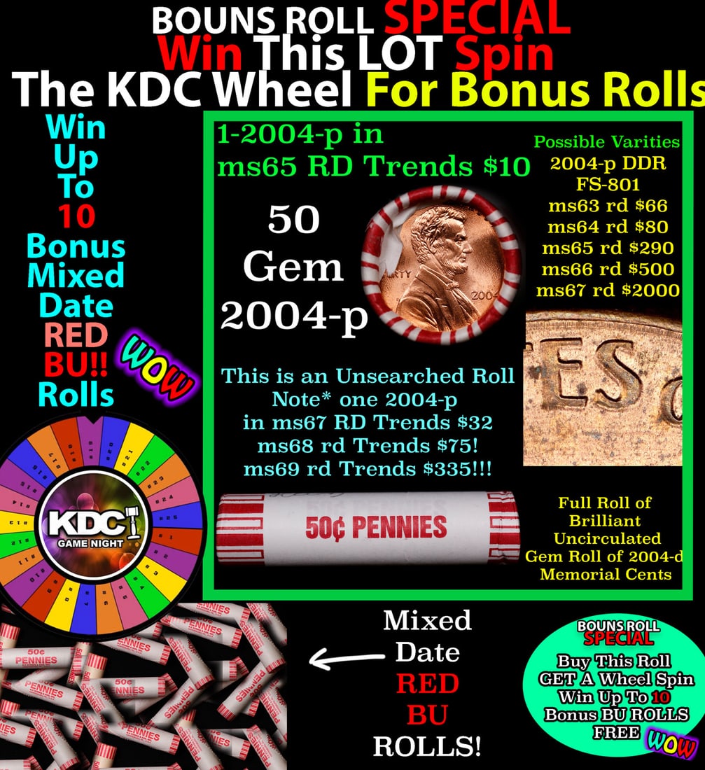 *BOGO* Buy This Great BU Red, 2004-p Shotgun Lincoln 1c Roll & Get 1 BU RED ROLL FREE. WOW!!! *BOGO*: *BOGO* Buy This Great BU Red, 2004-p Shotgun Lincoln 1c Roll & Get 1 BU RED ROLL FREE. WOW!!! *BOGO* Bank Wrapper 50c. A terrific Shotgun roll of Lincoln cents in a Bank wrapper. Most if not all coins