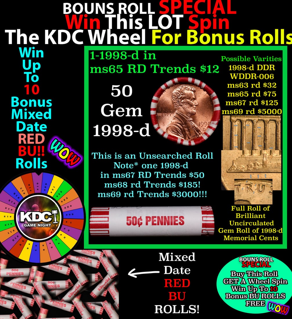 *BOGO* Buy This Great BU Red, 1998-d Shotgun Lincoln 1c Roll & Get 1 BU RED ROLL FREE. WOW!!! *BOGO*: *BOGO* Buy This Great BU Red, 1998-d Shotgun Lincoln 1c Roll & Get 1 BU RED ROLL FREE. WOW!!! *BOGO* Bank Wrapper 50c. A terrific Shotgun roll of Lincoln cents in a Bank wrapper. Most if not all coins