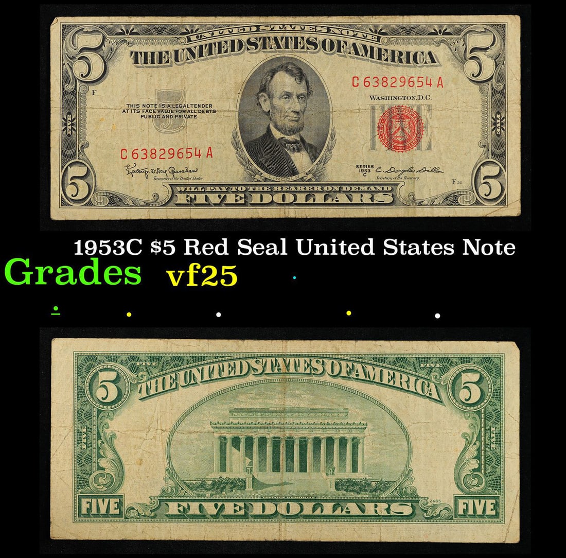1953C $5 Red Seal United States Note Grades vf+ (1 of 1)