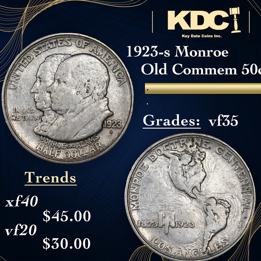 1923-s Monroe Old Commem Half Dollar 50c Grades vf++: 1923-s Monroe Old Commem Half Dollar 50c Grades vf++. One may think that the Reverse of the Two Continents of The Western Hemisphere but upon closer examination you will see that they are two women be