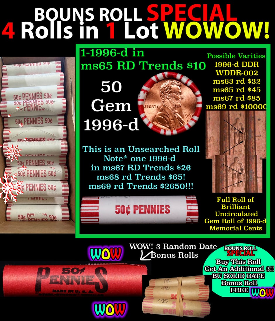 THIS AUCTION ONLY! BU Shotgun Lincoln 1c roll, 1996-d 50 pcs Plus THREE bonus random date BU roll!: THIS AUCTION ONLY! BU Shotgun Lincoln 1c roll, 1996-d 50 pcs Plus THREE bonus random date BU roll! Bank Wrapper 50c. A terrific Shotgun roll of Lincoln cents in a Bank wrapper. Most if not all coins s