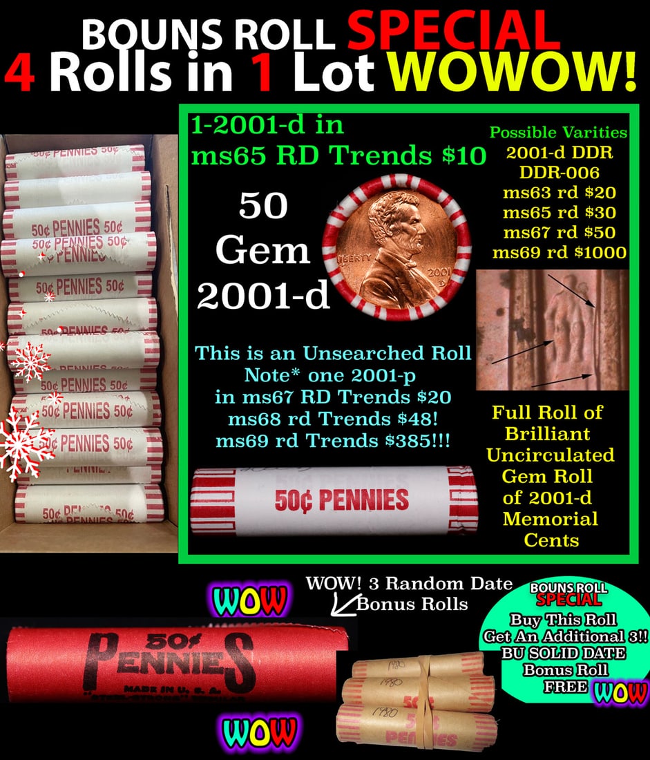 THIS AUCTION ONLY! BU Shotgun Lincoln 1c roll, 2001-d 50 pcs Plus THREE bonus random date BU roll!: THIS AUCTION ONLY! BU Shotgun Lincoln 1c roll, 2001-d 50 pcs Plus THREE bonus random date BU roll! Bank Wrapper 50c. A terrific Shotgun roll of Lincoln cents in a Bank wrapper. Most if not all coins s