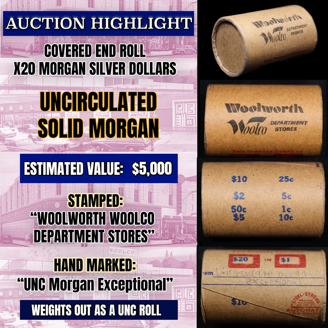 High Value! - Covered End Roll - Marked "Unc Morgan Exceptional" - Weight shows x20 Coins (FC) (1 of 5)