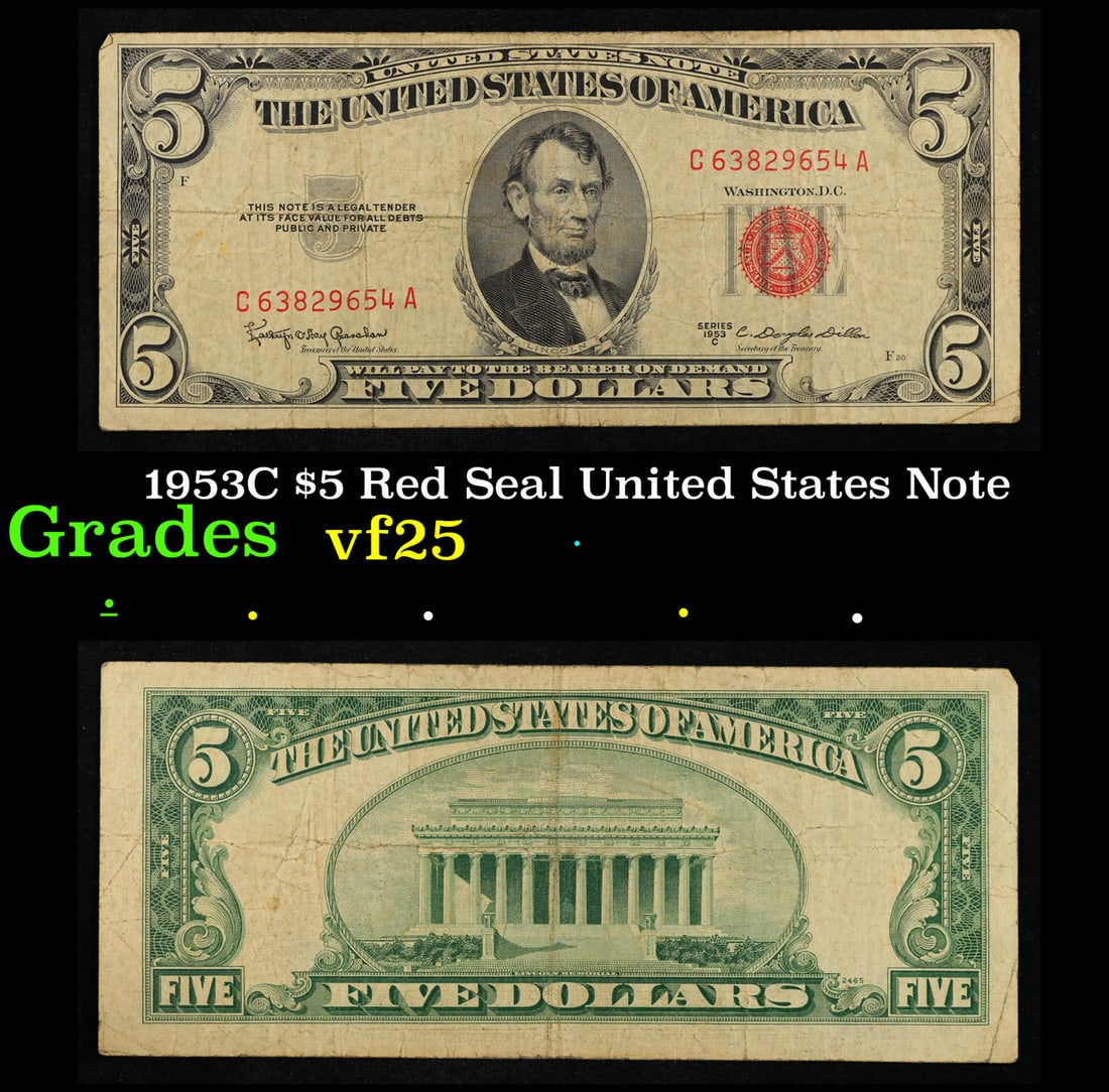 1953C $5 Red Seal United States Note Grades vf+ (1 of 3)