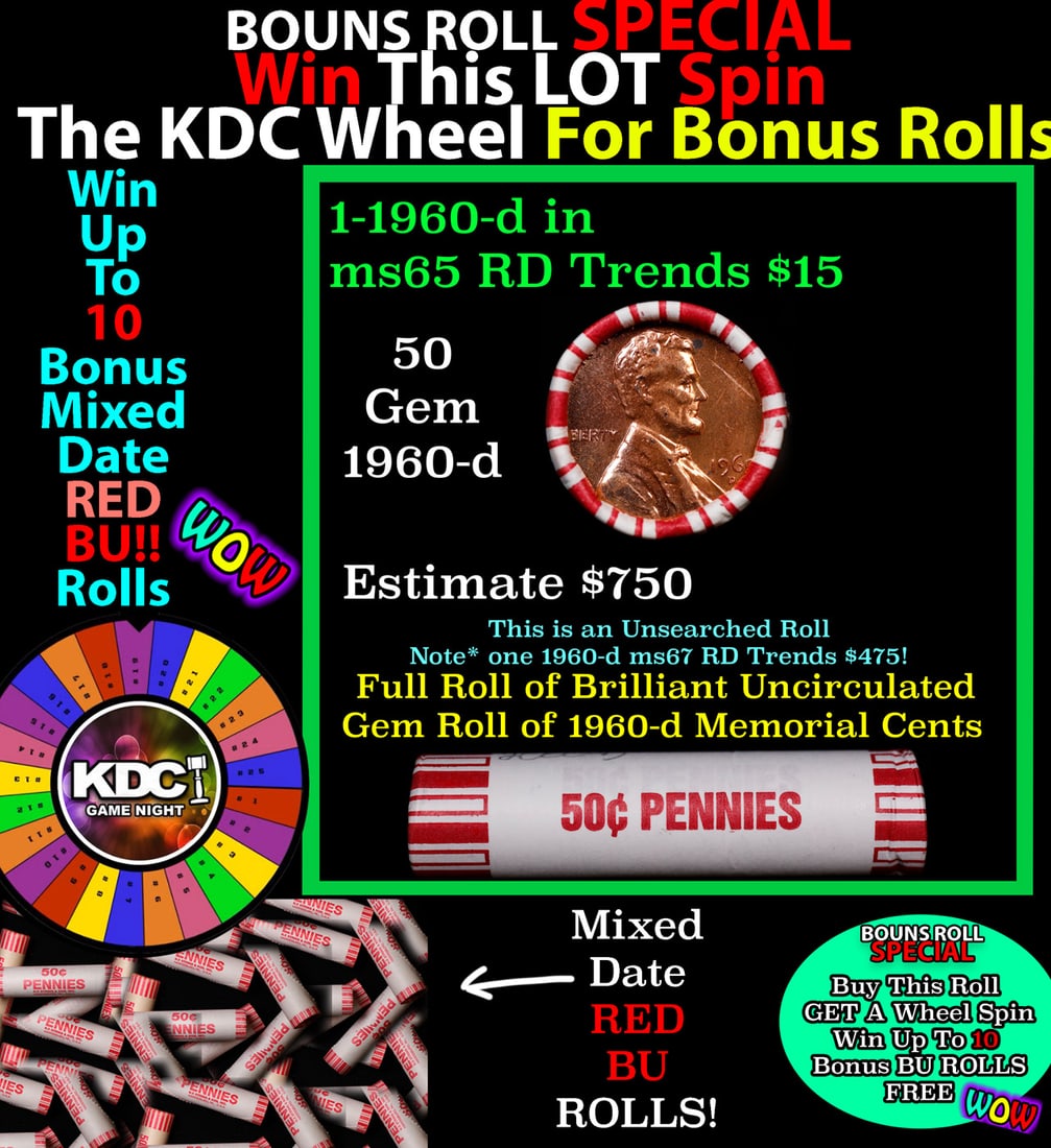 1-10 FREE BU RED Penny rolls with win of this 1960-d SOLID RED BU Lincoln 1c roll incredibly FUN: 1-10 FREE BU RED Penny rolls with win of this 1960-d SOLID RED BU Lincoln 1c roll incredibly FUN wheel. A terrific Shotgun roll of Lincoln cents in a Bank wrapper. Most if not all coins should be cher