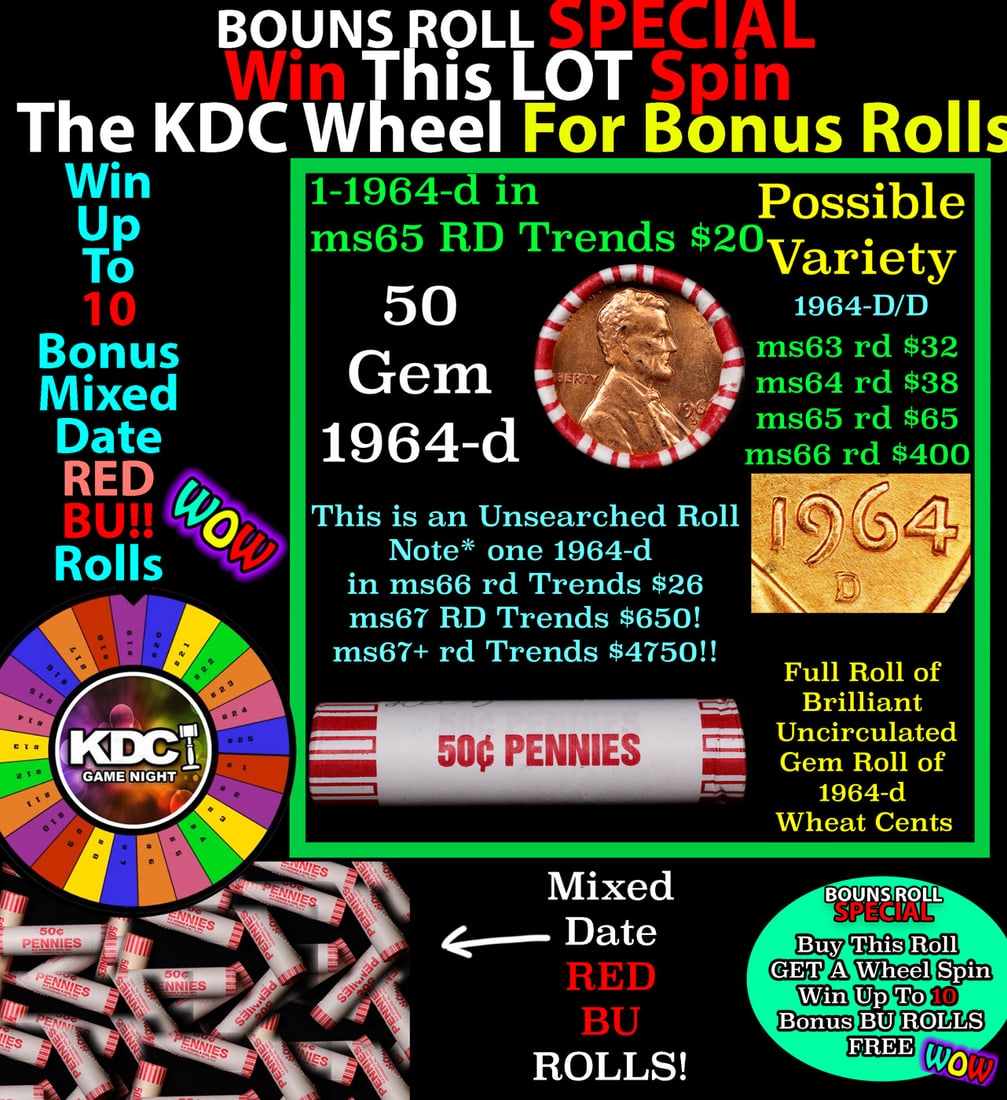 1-10 FREE BU RED Penny rolls with win of this 1964-d SOLID RED BU Lincoln 1c roll incredibly FUN: 1-10 FREE BU RED Penny rolls with win of this 1964-d SOLID RED BU Lincoln 1c roll incredibly FUN wheel. A terrific Shotgun roll of Lincoln cents in a Bank wrapper. Most if not all coins should be cher