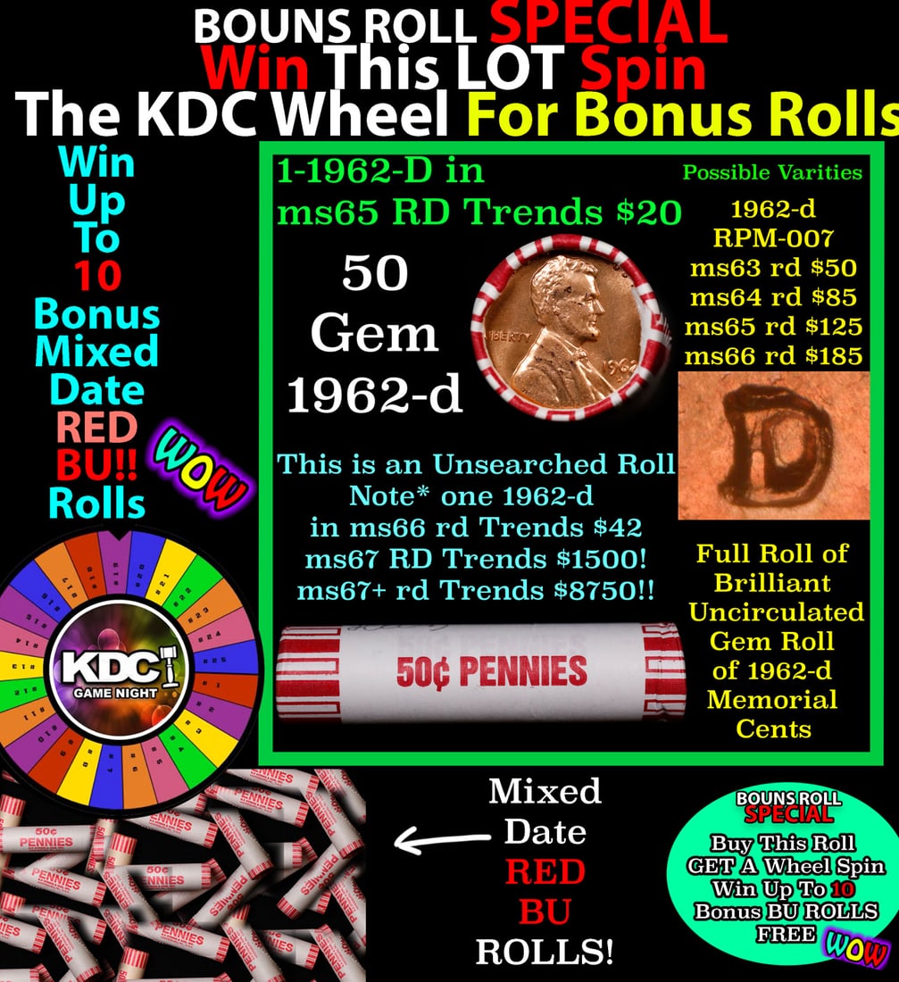1-10 FREE BU RED Penny rolls with win of this 1962-d SOLID RED BU Lincoln 1c roll incredibly FUN: 1-10 FREE BU RED Penny rolls with win of this 1962-d SOLID RED BU Lincoln 1c roll incredibly FUN wheel. A terrific Shotgun roll of Lincoln cents in a Bank wrapper. Most if not all coins should be cher