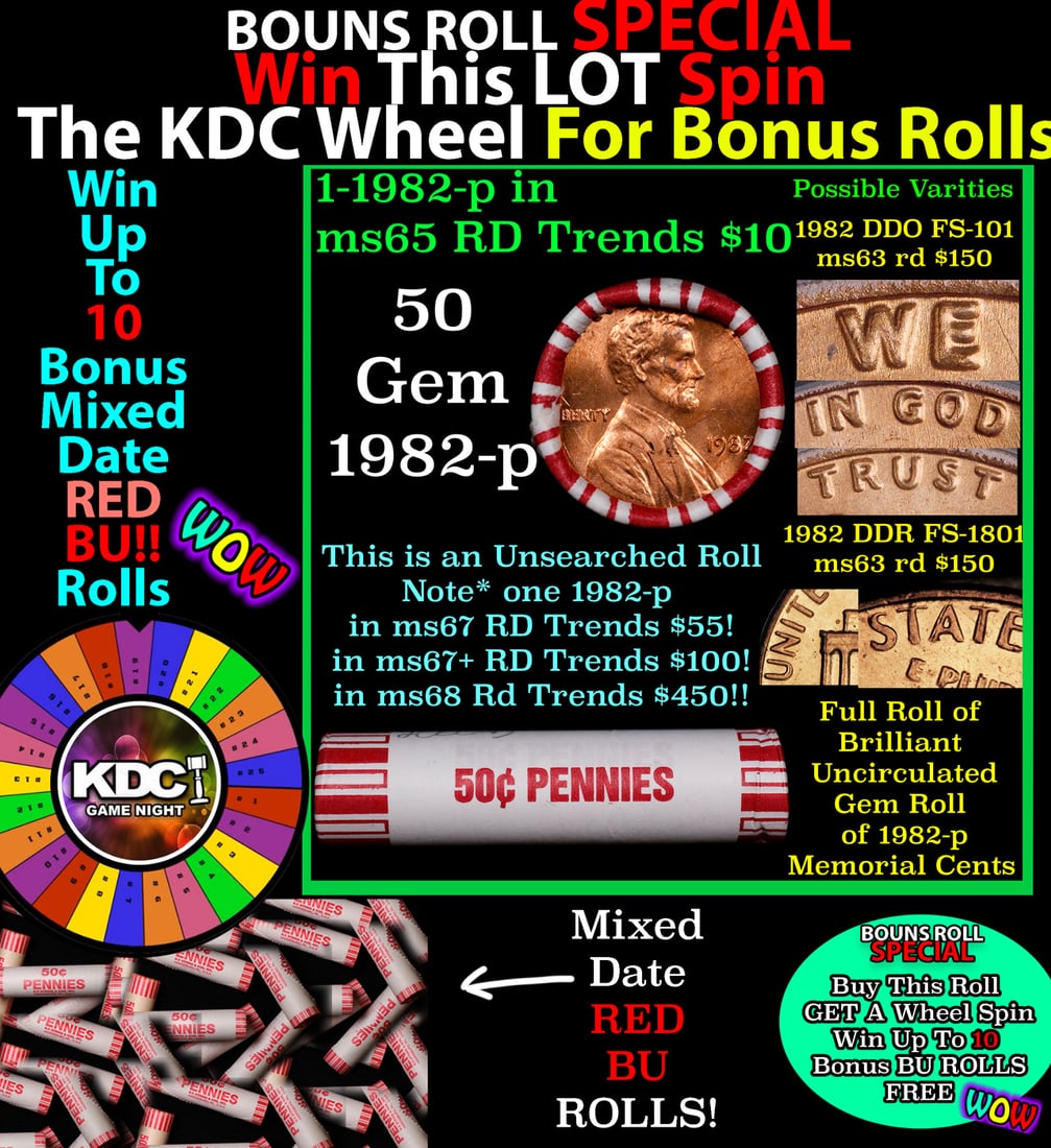 *BOGO* Buy This Great BU Red 1982-p Shotgun Lincoln 1c Roll & Get 1 BU RED ROLL FREE. WOW!!! *BOGO*: *BOGO* Buy This Great BU Red 1982-p Shotgun Lincoln 1c Roll & Get 1 BU RED ROLL FREE. WOW!!! *BOGO* Bank Wrapper 50c. A terrific Shotgun roll of Lincoln cents in a Bank wrapper. Most if not all coins 
