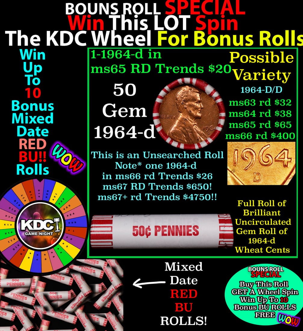 *BOGO* Buy This Great BU Red 1964-d Shotgun Lincoln 1c Roll & Get 1 BU RED ROLL FREE. WOW!!! *BOGO*: *BOGO* Buy This Great BU Red 1964-d Shotgun Lincoln 1c Roll & Get 1 BU RED ROLL FREE. WOW!!! *BOGO* Bank Wrapper 50c. A terrific Shotgun roll of Lincoln cents in a Bank wrapper. Most if not all coins 