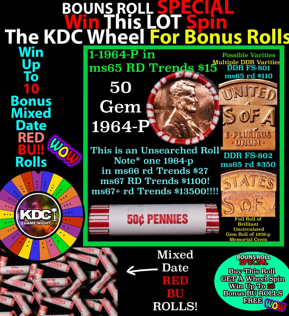 *BOGO* Buy This Great BU Red 1964-p Shotgun Lincoln 1c Roll & Get 1 BU RED ROLL FREE. WOW!!! *BOGO*: *BOGO* Buy This Great BU Red 1964-p Shotgun Lincoln 1c Roll & Get 1 BU RED ROLL FREE. WOW!!! *BOGO* Bank Wrapper 50c. A terrific Shotgun roll of Lincoln cents in a Bank wrapper. Most if not all coins 