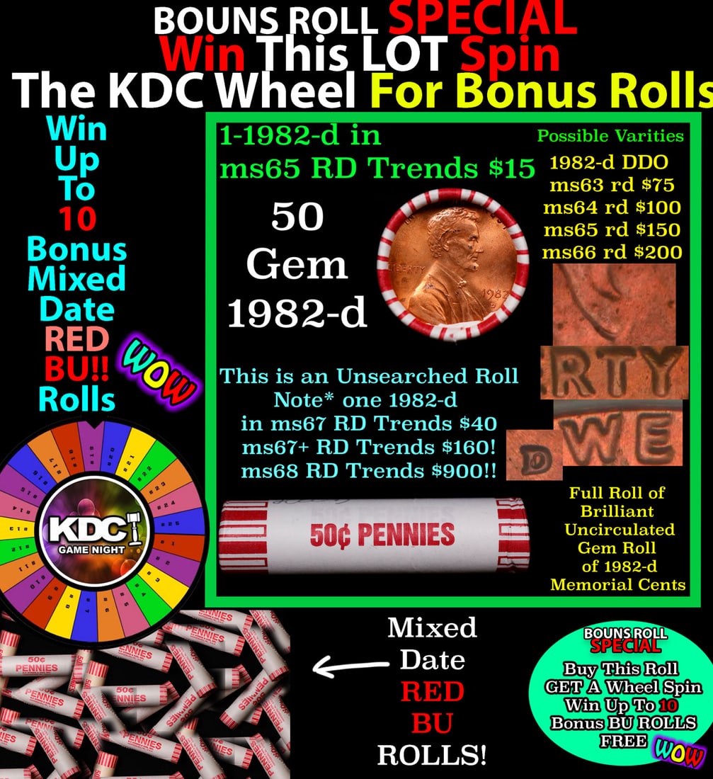 CRAZY Penny Wheel Buy THIS 1982-d solid Red BU Lincoln 1c roll & get 1-10 BU Red rolls FREE WOW: CRAZY Penny Wheel Buy THIS 1982-d solid Red BU Lincoln 1c roll & get 1-10 BU Red rolls FREE WOW. A terrific Shotgun roll of Lincoln cents in a Bank wrapper. Most if not all coins should be cherry red.