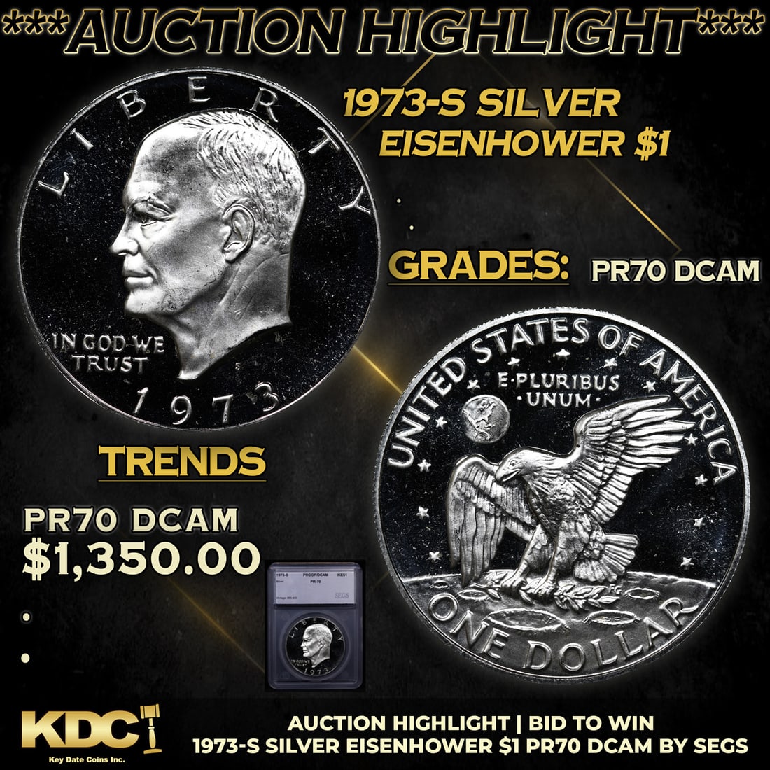 Proof ***Auction Highlight*** 1973-s Silver Eisenhower Dollar 1 Graded pr70 dcam By SEGS (fc) (1 of 5)