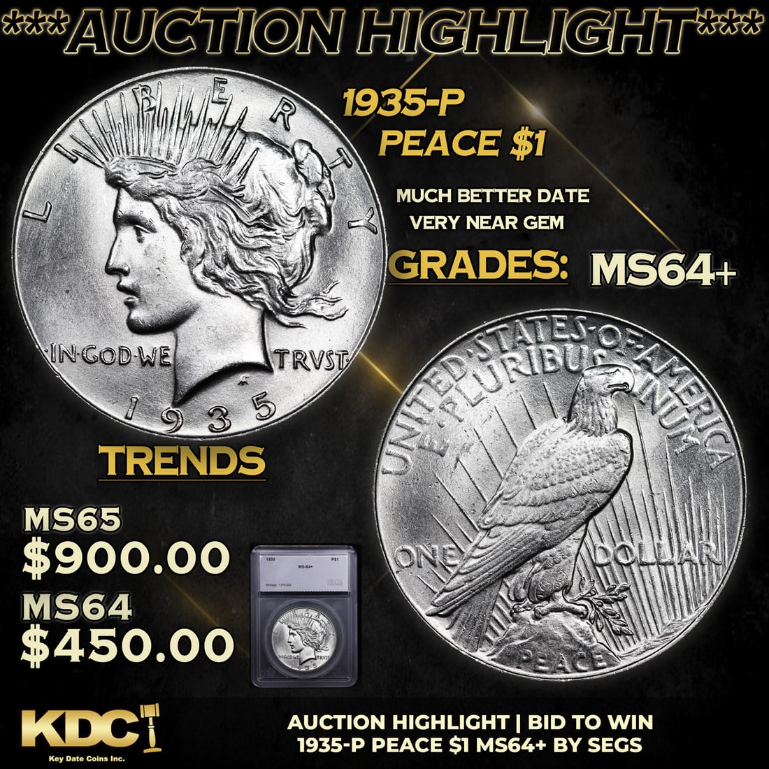 ***Auction Highlight*** 1935-p Peace Dollar 1 Graded ms64+ BY SEGS (fc) (1 of 5)