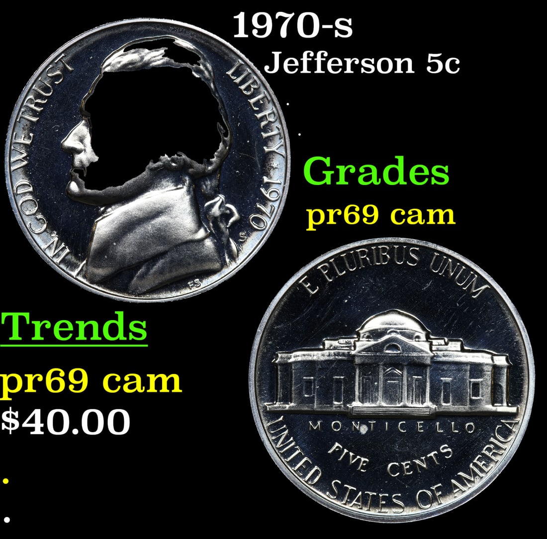 Proof 1970-s Jefferson Nickel 5c Grades GEM++ Proof Cameo (1 of 3)