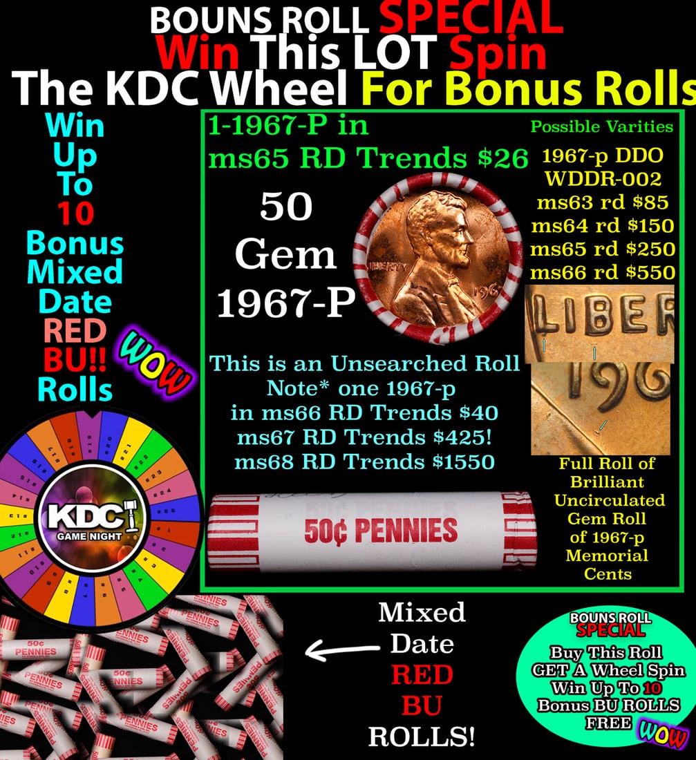 *BOGO* Buy This Great BU Red 1962-p Shotgun Lincoln 1c Roll & Get 1 BU RED ROLL FREE. WOW!!! *BOGO*: *BOGO* Buy This Great BU Red 1962-p Shotgun Lincoln 1c Roll & Get 1 BU RED ROLL FREE. WOW!!! *BOGO* Bank Wrapper 50c. A terrific Shotgun roll of Lincoln cents in a Bank wrapper. Most if not all coins 