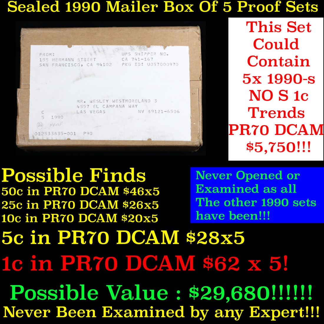 Original sealed box 5- 1990 United States Mint Proof Sets: Original sealed box 5- 1990 United States Mint Proof Sets. Up for Auction is an Unopened Mailer Box from 1990 containing 5 1990 Proof Sets!!!! Wow! - This Mailer Box is sealed exactly as it left the m