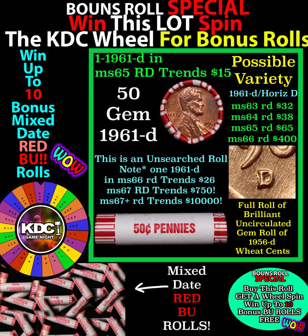 CRAZY Penny Wheel Buy THIS 1961-d solid Red BU Lincoln 1c roll & get 1-10 BU Red rolls FREE WOW (1 of 2)