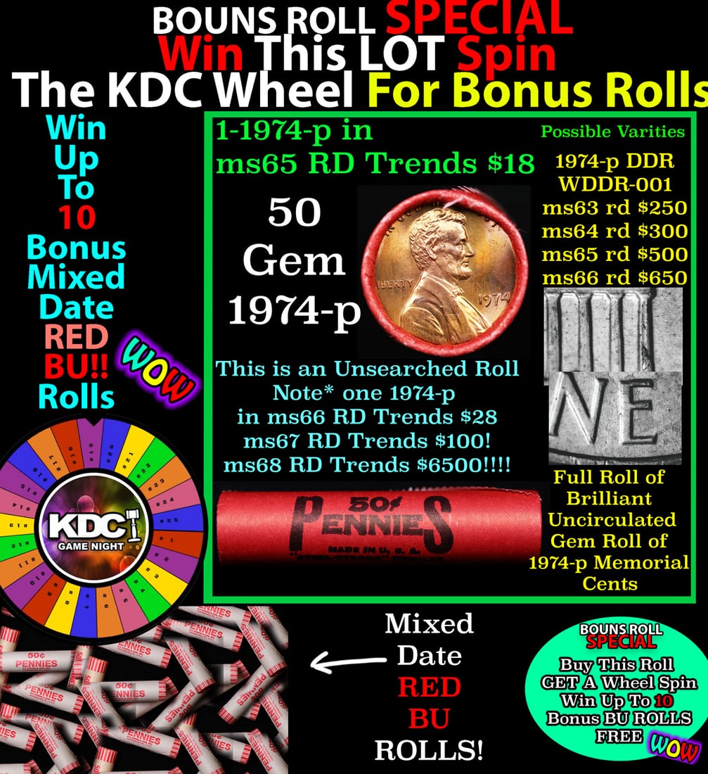 INSANITY The CRAZY Penny Wheel 1000s won so far, WIN this 1974-p BU RED roll get 1-10 FREE (1 of 1)