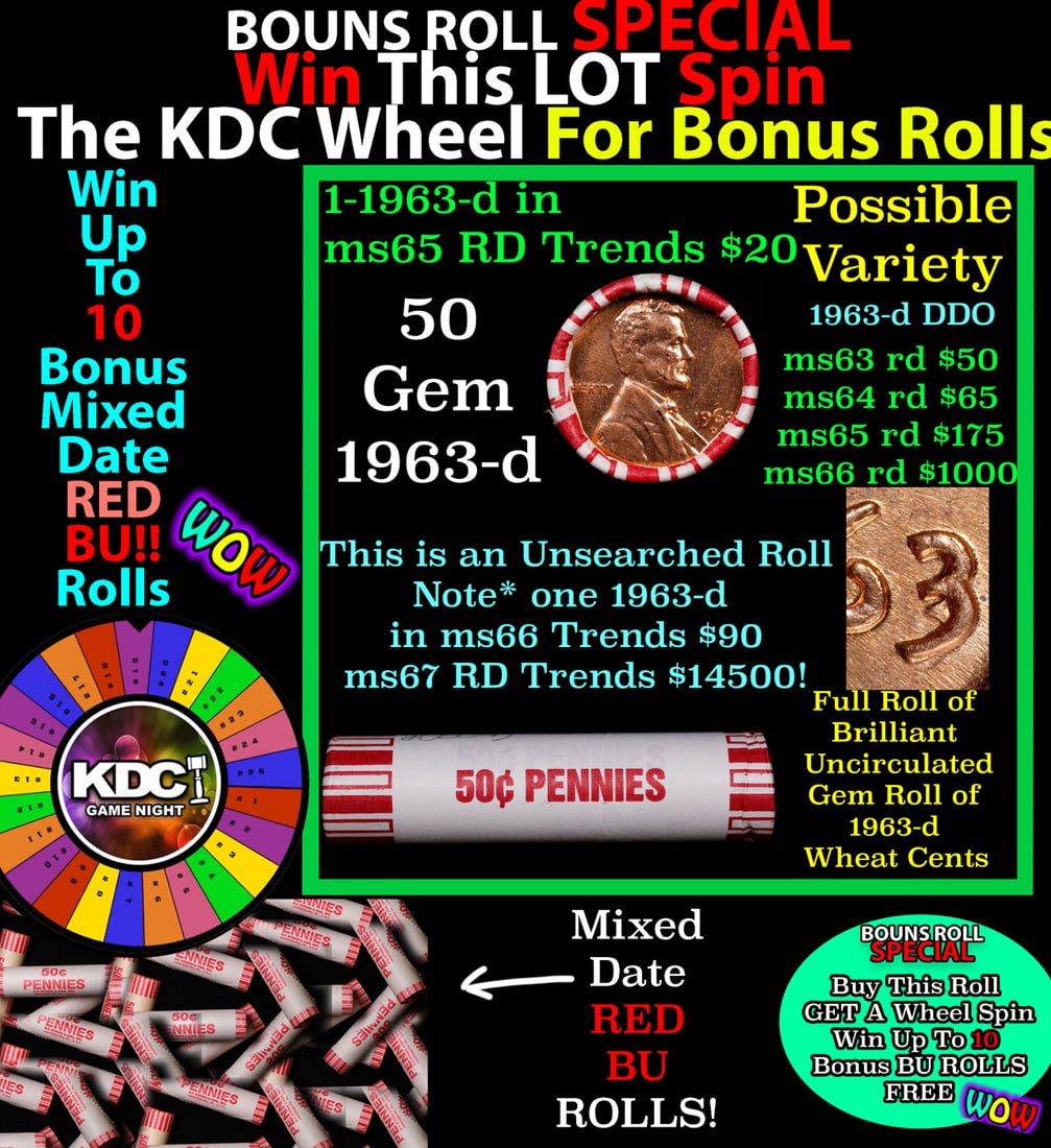 1-10 FREE BU RED Penny rolls with win of this 1963-d SOLID RED BU Lincoln 1c roll incredibly FUN (1 of 2)