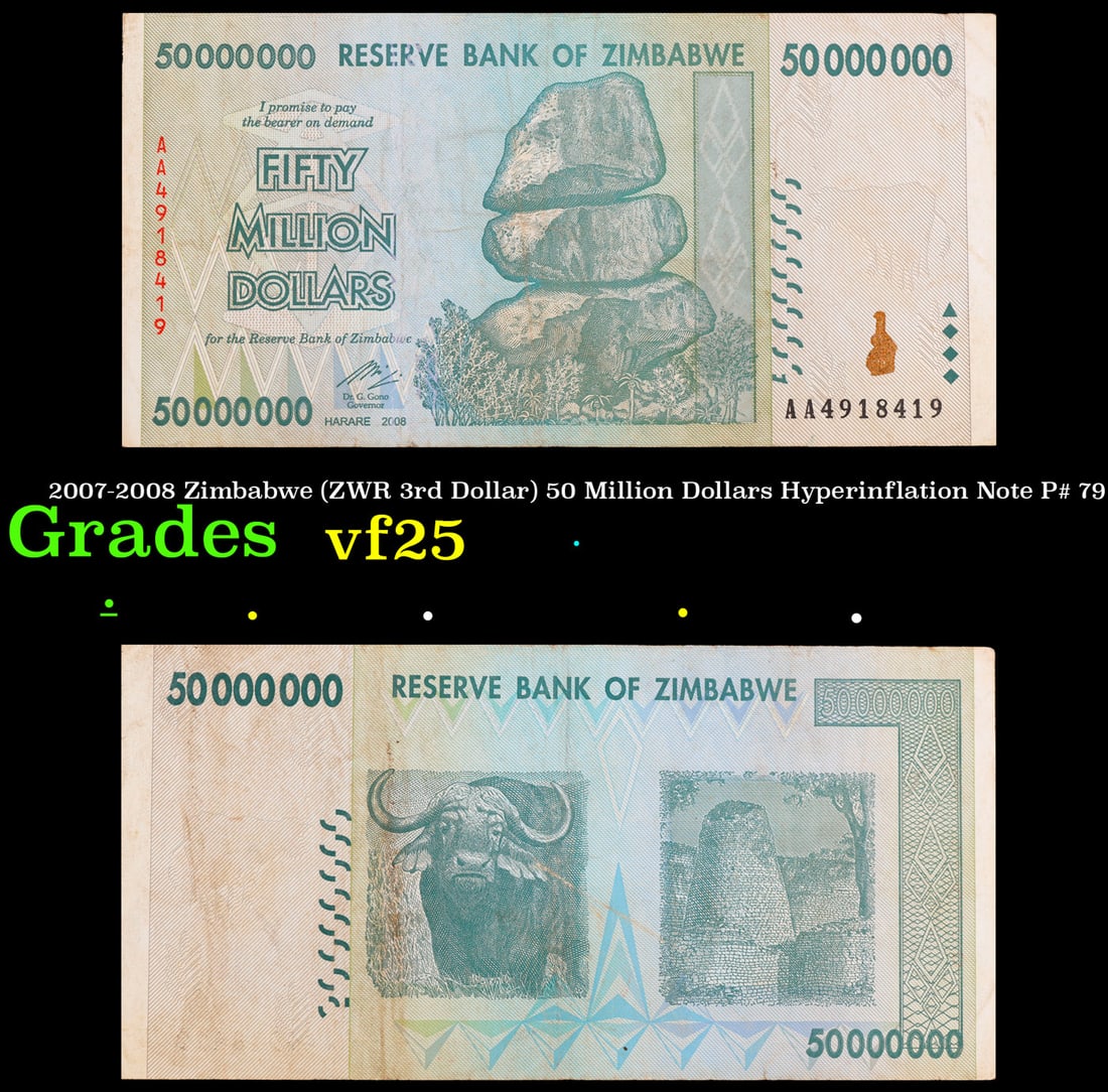 2007-2008 Zimbabwe (ZWR 3rd Dollar) 50 Million Dollars Hyperinflation Note P# 79 Grades vf+: 2007-2008 Zimbabwe (ZWR 3rd Dollar) 50 Million Dollars Hyperinflation Note P# 79 Grades vf+.