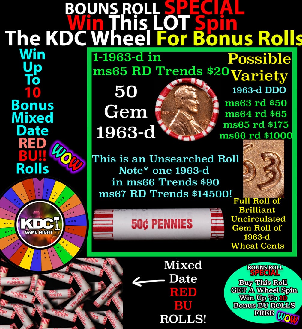 1-10 FREE BU RED Penny rolls with win of this 1963-d SOLID RED BU Lincoln 1c roll incredibly FUN (1 of 2)