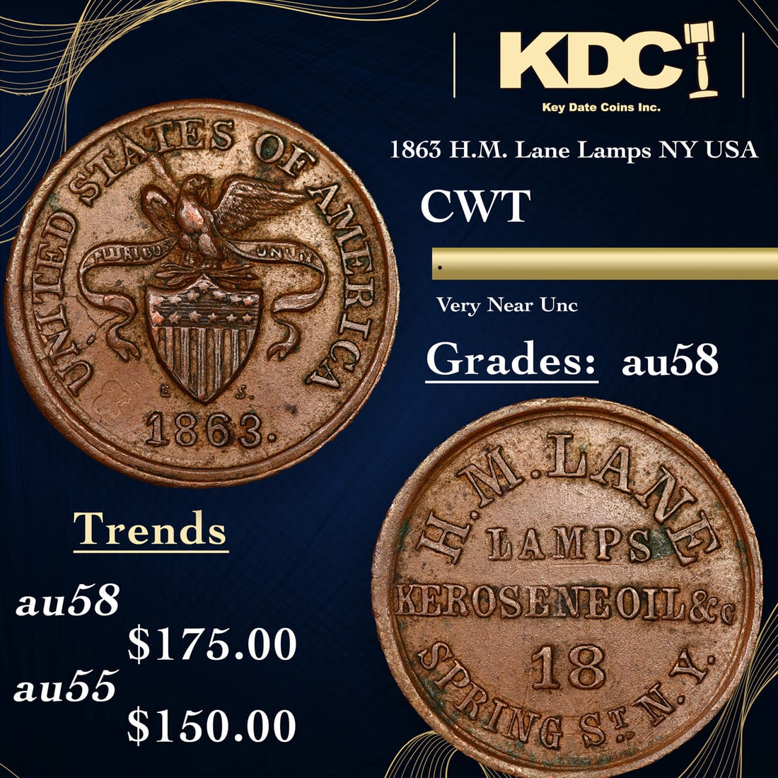 1863 H.M. Lane Lamps NY USA Civil War Token Civil War Token 1c Grades Choice AU/BU Slider: 1863 H.M. Lane Lamps NY USA Civil War Token Civil War Token 1c Grades Choice AU/BU Slider.