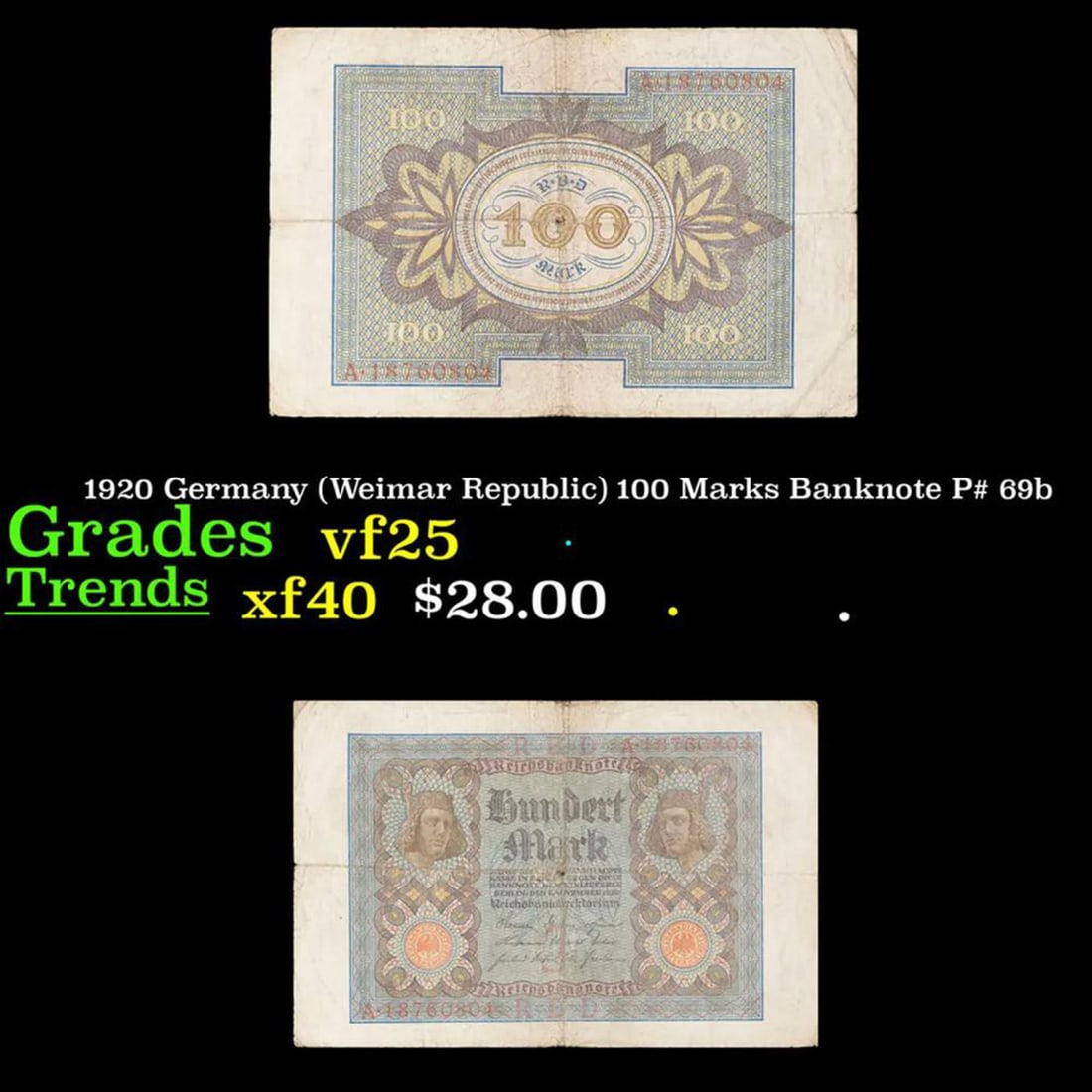 1920 Germany (Weimar Republic) 100 Marks Banknote P# 69b Grades vf+ (1 of 1)