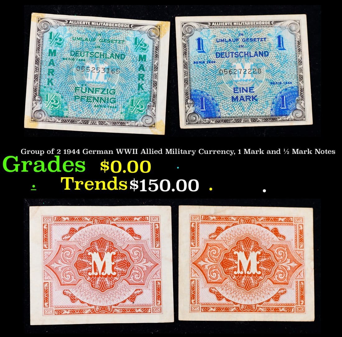 Group of 2 1944 German WWII Allied Military Currency, 1 Mark and 1/2 Mark Notes Grades (1 of 3)