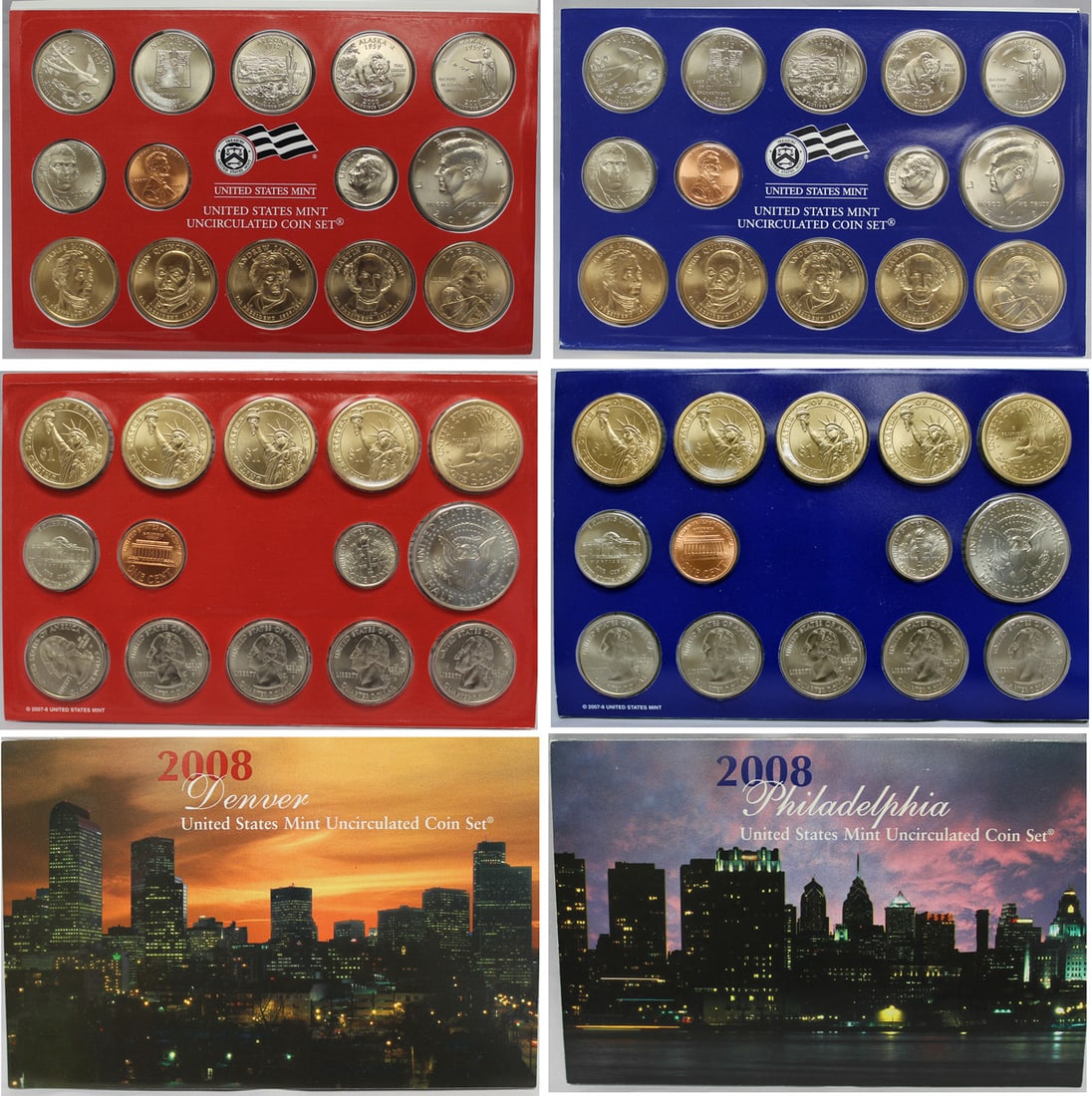 2008 United States Mint Set in Original Government Packaging 28 coins: 2008 United States Mint Set in Original Government Packaging 28 coins. he 2008-PD Mint Set consisted of two different sets in two blister-style folders. The blue folder contains coins from the Philade